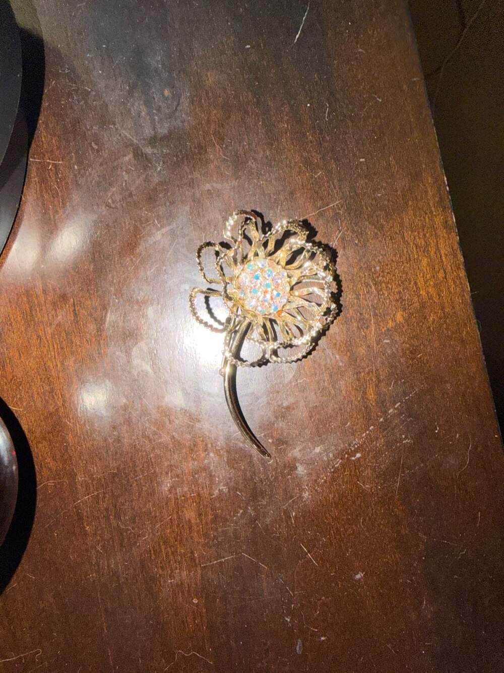 Vintage Sarah Coventry Gold Tone Long Stem Flower Brooch with Aurora Borealis Rh
